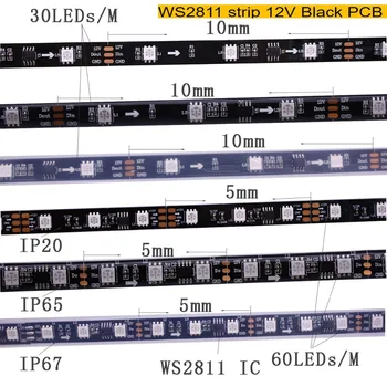 1m/2M/3M/4M/5m WS2811S WS2812B 30/60/144 taškų/led/m Smart led pikselių juostelė,Juoda/Balta, PCB,WS2812 IC ,IP30/IP65/IP67 DC5V 12V