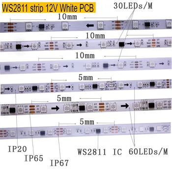 1m/2M/3M/4M/5m WS2811S WS2812B 30/60/144 taškų/led/m Smart led pikselių juostelė,Juoda/Balta, PCB,WS2812 IC ,IP30/IP65/IP67 DC5V 12V