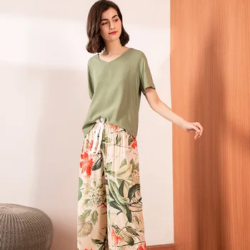 2020 M. Pavasarį Naujas Moterų Pižama Nustatyti Komfortą Pilkai Žalia Prarasti Pižama Nustatyti Žvaigždėtas Dangus Spausdinti Paprastas Stilius Homewear Laisvalaikio Drabužiai