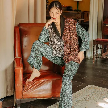 Maison Gabrielle Šilko 2 Dalių Pižama Nustatyti Moterų Loungewear Pavasario Vasaros ilgomis rankovėmis Plataus Kojų Kelnės Atostogų Kostiumai Sleepwear