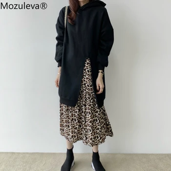 Mozuleva 2020 m. Rudens /žiemos Sujungimas Leopard Netikrą Dviejų dalių Ilgis Moterų Medvilnės korėjos Hoodie Kietas Moterų Hoodies Megztinis
