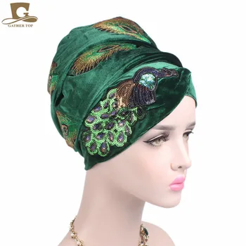 Naujas Elegantiškas Blizgučiais Povas Siuvinėjimo Extra Long Aksomo Galvos Turbaną Wrap Nigerijos Turbaną Stilingas Galvos Skara Moterų Afrikoje Hijab