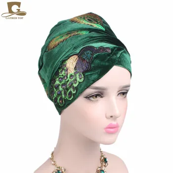 Naujas Elegantiškas Blizgučiais Povas Siuvinėjimo Extra Long Aksomo Galvos Turbaną Wrap Nigerijos Turbaną Stilingas Galvos Skara Moterų Afrikoje Hijab