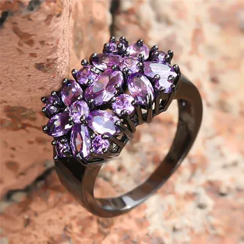 Žavesio Moterų Violetinė Crystal Gėlės Žiedas Prabanga 14KT Juodojo Aukso Vestuvinis Žiedas Derliaus Nuotaka Vestuvių Juostoje Dideli Žiedai Moterims