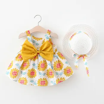 (1-3Y) Vaikų Rankovių Daisy Gėlių Spausdinti Suknelė Princesė Dress + Šiaudų Skrybėlę Bamblys Kūdikių Mados Saldus Gėlių Princesė Dress S4