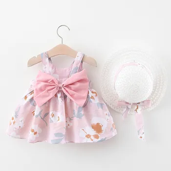 (1-3Y) Vaikų Rankovių Daisy Gėlių Spausdinti Suknelė Princesė Dress + Šiaudų Skrybėlę Bamblys Kūdikių Mados Saldus Gėlių Princesė Dress S4