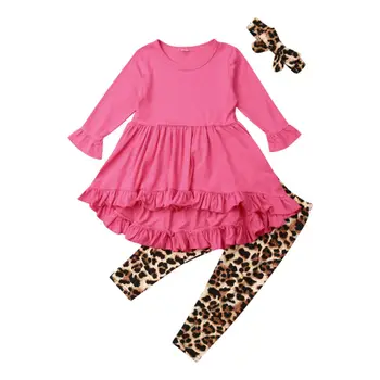 1-5Years Bamblys Vaikams Baby Girl Leopard Drabužių Rinkinys ilgomis Rankovėmis Raukiniai marškinėliai Tunika, Kelnes Rudens Pavasario Vaikas Kostiumai Vaikams