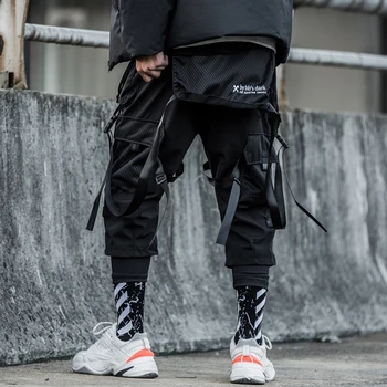 11 BYBB TAMSIOS Juostelės Multi Kišenės Krovinių Kelnės Vyrams Harajuku Atsitiktinis Kelio Kelnių Hip-Hop Streetwear Techwear Kelnes Poilsiu Vyrai