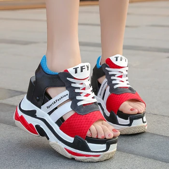 2019 m. Vasarą Naujų Moterų Sneaker Sandalai Moterims Peep-toe Pleištai Platforma Batai Moteris Klasikinis įvarstyti Atsitiktinis Sandalai Vijoklis A0-21