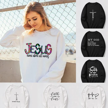 2020 Jėzus Spausdinti Moterų Palaidinukė Tikėjimą Per Baimę Streetwear Žiemą, O-kaklo Puloveriai Harajuku Moterų Viršūnių Nertiniai Drabužiai