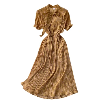 2020 Lankas Derliaus raukiniai gėlių spausdinti Suknelė Vasaros Šalis Midi Ilgio šifono suknelė Moterims aukšto juosmens plisuotos paplūdimio elegantiškas Suknelės