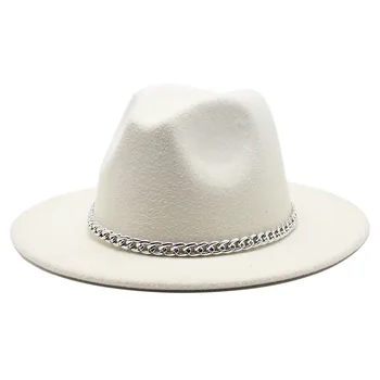 2020 m. Aukštos Kokybės Plataus Kraštų Fedora Kepurės Moterims, Vyrams, Dirbtinė Vilna Skrybėlės su Metalo Grandinės Dekoro Panama Fedoras Chapeau Sombrero