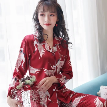 2020 m. Pavasarį Moterų Pižama Rinkiniai su Gėlių Spausdinti Mados Prabangių Moterų Dirbtiniais Šilko Dviejų dalių, Viršus + Kelnės naktiniai marškinėliai Sleepwear