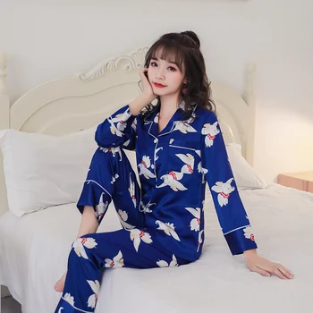 2020 m. Pavasarį Moterų Pižama Rinkiniai su Gėlių Spausdinti Mados Prabangių Moterų Dirbtiniais Šilko Dviejų dalių, Viršus + Kelnės naktiniai marškinėliai Sleepwear