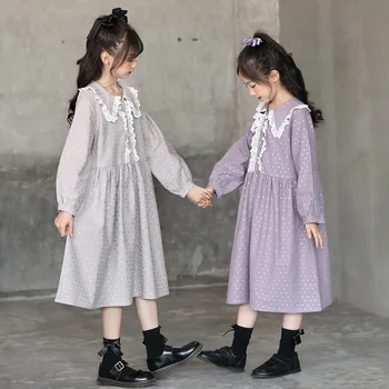 2020 M. Rudenį Paauglių Mergaičių Ilgomis Rankovėmis Mielas Dot Suknelė Retro Princesė Dress Vaikų Mergaičių Medvilnės Drabužius Vaikams Laisvalaikio Suknelė, #1118