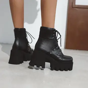 2020 m., Suapvalinti Tne Metalinės Kniedės Ankel Boots Moterims Black Dviejų stilių Gotikos Moterų Batai Pleištai Aukštakulnius Batus u344