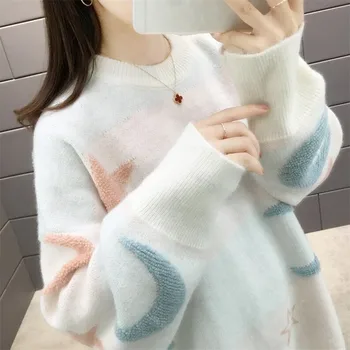 2020 Moterų megztinis rudenį ir žiemą naujas megztinis moteriška o kaklo prarasti korėjos studentų rankovėmis mielas dugno marškinėliai storio