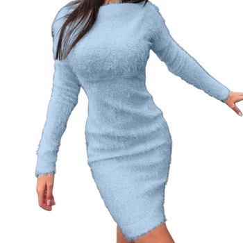 2020 Naujausias Rudens Moterų Suknelė Plius Dydis 3XL vientisos Spalvos ilgomis Rankovėmis Megztinis Purus Kee-ilgis Bodycon Suknelė Šiltų Drabužių