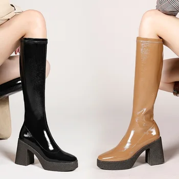 2020 naujo prekės ženklo moterų batai seksualus aikštėje aukštakulniai platformos batai moteris juodos rudos spalvos užtrauktukas kelio ilgi batai batai Elastinga batai