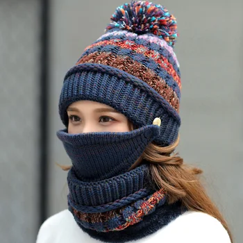 2020 Skrybėlę žiemos moterų Kaukė Kepurės mergaitėms Šalikas Storas Šiltas Vilnos Viduje Megzti Skrybėlę ir Skara Nustatyti 3pcs Žiemos Jojimo mados Kepurės
