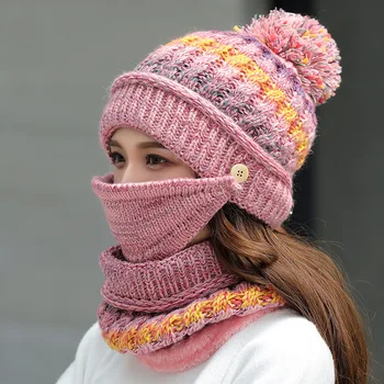 2020 Skrybėlę žiemos moterų Kaukė Kepurės mergaitėms Šalikas Storas Šiltas Vilnos Viduje Megzti Skrybėlę ir Skara Nustatyti 3pcs Žiemos Jojimo mados Kepurės