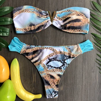2020 Spausdinti maudymosi kostiumėlį, metalo V-Kaklo, Seksualus Bikini Komplektas Bandeau Aukštos Sumažinti maudymosi Kostiumėliai Moterims Vasaros Besimaudančių Maudymosi Kostiumą, Brazilijos Bikini