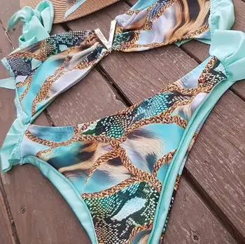 2020 Spausdinti maudymosi kostiumėlį, metalo V-Kaklo, Seksualus Bikini Komplektas Bandeau Aukštos Sumažinti maudymosi Kostiumėliai Moterims Vasaros Besimaudančių Maudymosi Kostiumą, Brazilijos Bikini