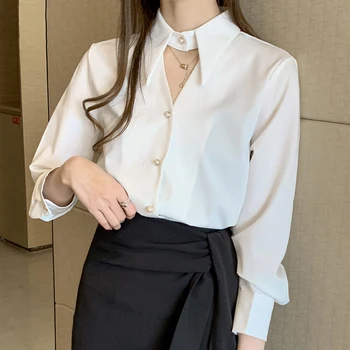 2021 M. Pavasarį Naujas Korėjiečių Office Lady Viršūnes Šifono Ilgomis Rankovėmis Marškinėliai Prarasti Vientisos Baltos Palaidinės Moterims, Madingų Drabužių Blusas 10500