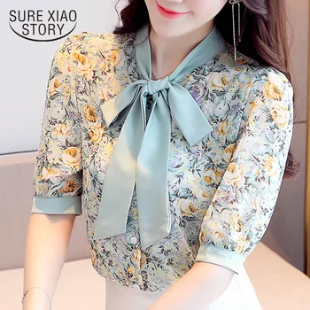 2021 M. Vasarą Naujas Elegantiškas Lankas Šifono Palaidinė Moterims Korėjos Slim Spausdinti Office Lady Marškinėliai Vasaros Viršūnes Moterų Blusas 9543