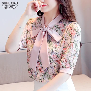 2021 M. Vasarą Naujas Elegantiškas Lankas Šifono Palaidinė Moterims Korėjos Slim Spausdinti Office Lady Marškinėliai Vasaros Viršūnes Moterų Blusas 9543