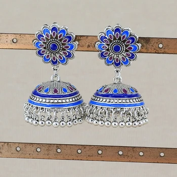 3 Porų Derliaus Etninės Povas Gėlių Dizaino, Mėlynos spalvos Indijos Lašas Auskarai Indijos Oksiduoti Genčių Auskarai Papuošalai Moterims