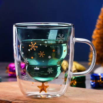 300ML Kavos Puodelis Dvigubo Sienelėmis Stiklo Taurės Kalėdų eglutė Izoliuoti Stiklo puodelius su Rankena Puikiai tinka Latte, Kapučino Americano