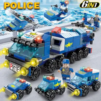6 1City Policijos Sunkvežimis Automobilio Plokštumos Statybinių Blokų Rinkinius Vaikams 