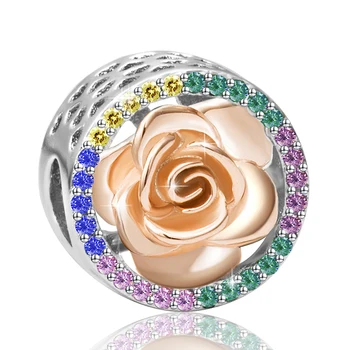 925 Sterling Silver Rose Gold Rožių Gėlių Žavesio Spalvinga Cirkonis Granulių Tinka Pandora Apyrankės Moterims Fine Jewelry Valentino Dovana