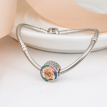 925 Sterling Silver Rose Gold Rožių Gėlių Žavesio Spalvinga Cirkonis Granulių Tinka Pandora Apyrankės Moterims Fine Jewelry Valentino Dovana