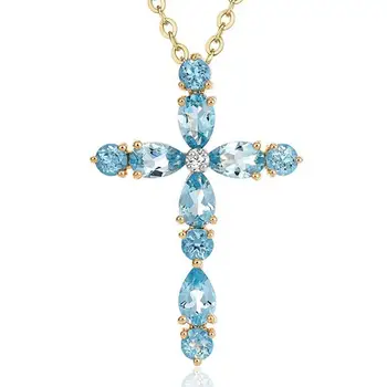 Akvamarinas brangakmenių kryžiaus karoliai pakabukas moterų mėlyna kristalų 18k aukso spalvos grandinės choker papuošalai bijoux prabangus aksesuaras
