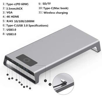 Aliuminio Stebėti Stovėti Docking Station su USB C Hub Paramos 4K HDMI VGA TF Kortelę Belaidžio Įkrovimo JHP-Geriausias