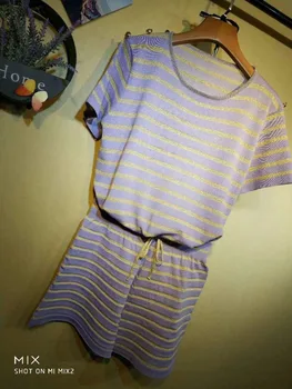 Amolapha Moterims Megztiniai Shiner Dryžuotas Marškinėliai+Šortai Tinka Trumpas Rankovės Sagos Moteriška Moteris Atsitiktinis Puloveriai Trumpas Kelnes Rinkiniai