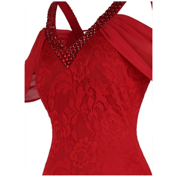 Angelas-mados Moterų Off Peties V Kaklo Nėrinių Vakaro Suknelės Ilgai Vestuves Suknelė rakto Skylutę, Raudona 477