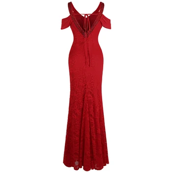 Angelas-mados Moterų Off Peties V Kaklo Nėrinių Vakaro Suknelės Ilgai Vestuves Suknelė rakto Skylutę, Raudona 477