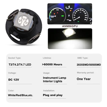 ANMINGPU 10x Signalo Lemputė Led T3, T4.7 T4.2 Canbus 5050SMD Automobilio prietaisų Skydelyje priemonė, Lengvojo Auto vidine puse 12V Šviesos Daugiaspalvis