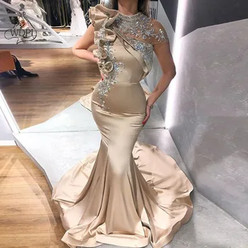 Arabų Vakaro Suknelės Aukšto Kaklo Šampano Zawalcowany su Cirkonio Undinė Prom Dresses Bžūp Rankovėmis Dubajus Šalis, Chalatai 2021