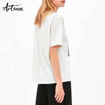 Artsnie streetwear animacinių filmų atsitiktinis moterų marškinėliai vasaros 2019 o kaklo trumpomis rankovėmis white tee viršūnes mujer megzti marškinėliai femme