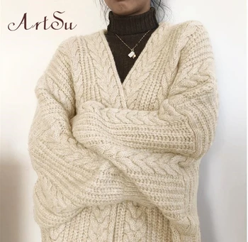 Artsu Naujų 2020 M. Žiemos Megztinis Cardigant Ilgomis Rankovėmis Megztinis Vientisų Ilgai Stiliaus Šiltas Storas Outwear Drabužių Komplektus Moteris