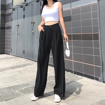 Atsitiktinis Black High Waisted Kostiumas Kelnės Moterims 2020 Harajuku Ilgio Tiesios Kelnės Mygtuką Hem Sweatpants Capri Apačioje Streetwear