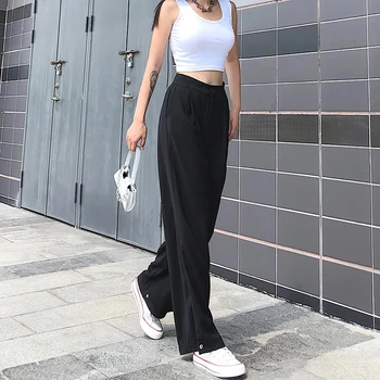 Atsitiktinis Black High Waisted Kostiumas Kelnės Moterims 2020 Harajuku Ilgio Tiesios Kelnės Mygtuką Hem Sweatpants Capri Apačioje Streetwear