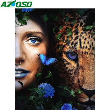 AZQSD Diamond Tapybos Leopard Moteris 5d Diamond Siuvinėjimo Gyvūnų kvadratiniu/Apvalus Gręžimo Rankdarbiams, Rankų darbo Dovana, Namų Dekoro