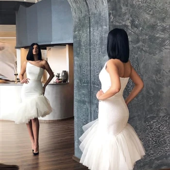 Balta Vaiskiai Vieną Petį Kokteilių Suknelės Tiulio Pakopų Undinė Prom Dresses Su Užtrauktuku Atgal Ypatinga Proga Suknelės 2020 M.