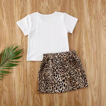 Bamblys Vaikams Baby Girl Leopardas Spausdinti Drabužius Viršūnes Laišką, Print T-Shirt+Mygtuką, Trumpas Sijonas 2VNT Komplektas Komplektai