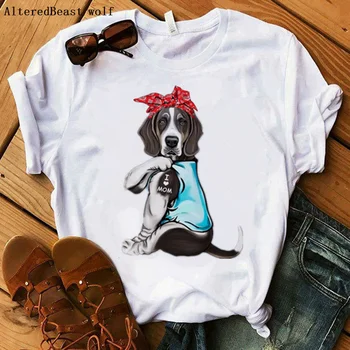Basset Hound Dog T-shirt Moterims, Harajuku aš Myliu Mama Spausdinti Bandana trumpomis Rankovėmis Marškinėlius Vasarą Moterys Grafinis Viršūnes Moterų Marškinėliai